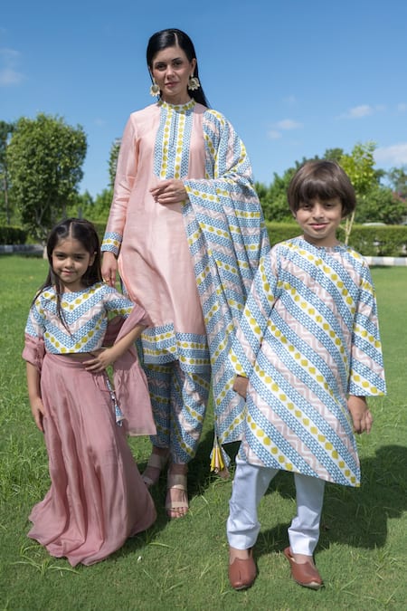 Thetaa Pink Cotton, Silk, Viscose, Voile Geometric Print Blouse Lehenga Set at Aza Fashions Thetaa_Pink Cotton, Silk, Viscose, Voile Geometric Print Blouse Lehenga Set _at_Aza_Fashions