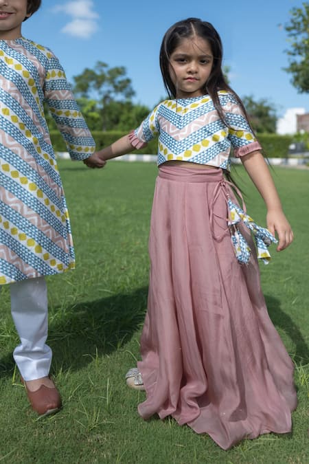 Buy Thetaa Pink Cotton, Silk, Viscose, Voile Geometric Print Blouse Lehenga Set Buy_Thetaa_Pink Cotton, Silk, Viscose, Voile Geometric Print Blouse Lehenga Set