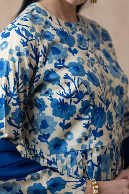 Thetaa_Blue Tussar, Silk, Viscose, Velour Mughal Floral Print Peplum Kurta Sharara Set _at_Aza_Fashions