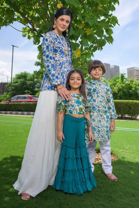 Buy_Thetaa_Blue Tussar, Silk, Viscose, Velour Mughal Floral Print Peplum Kurta Sharara Set 