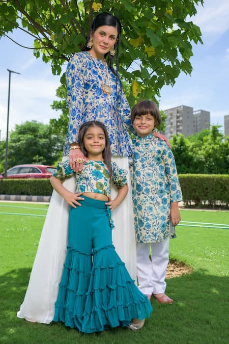 Shop_Thetaa_Blue Tussar, Voile, Viscose Pom-poms Floral Print Blouse Gharara Set _Online_at_Aza_Fashions