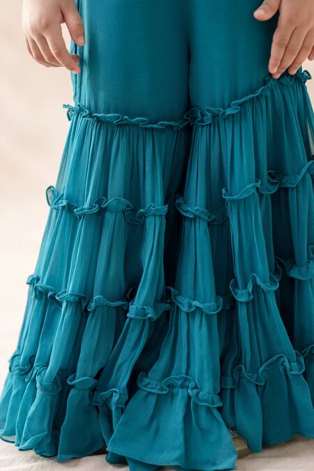 Thetaa_Blue Tussar, Voile, Viscose Pom-poms Floral Print Blouse Gharara Set _at_Aza_Fashions