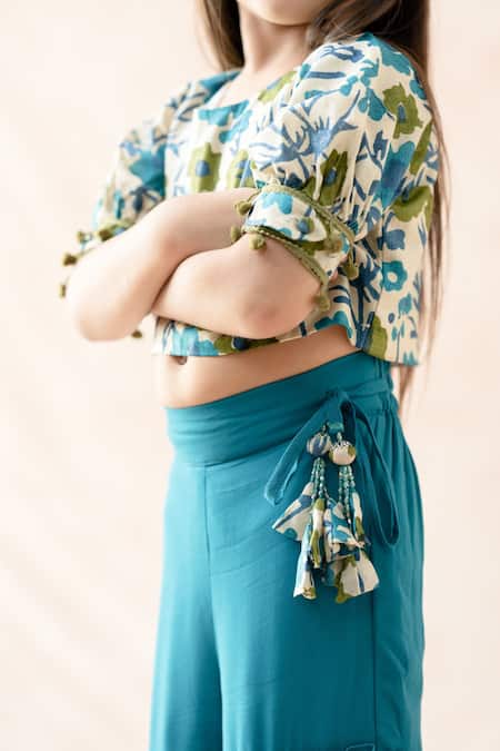 Buy_Thetaa_Blue Tussar, Voile, Viscose Pom-poms Floral Print Blouse Gharara Set 