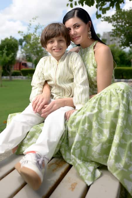 Thetaa Green Chanderi , Dot Print Bomber Jacket at Aza Fashions Thetaa_Green Chanderi , Dot Print Bomber Jacket _at_Aza_Fashions