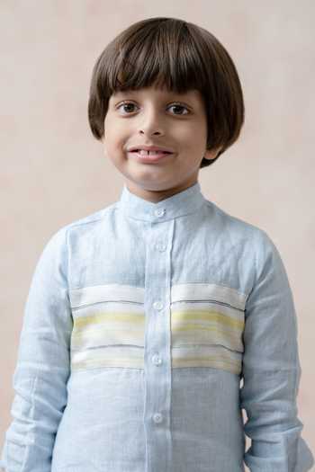 Buy_Thetaa_Sky Blue Linen, Silk Embroidery Stripe Panel Shirt _Online_at_Aza_Fashions