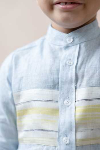 Shop_Thetaa_Sky Blue Linen, Silk Embroidery Stripe Panel Shirt _Online_at_Aza_Fashions