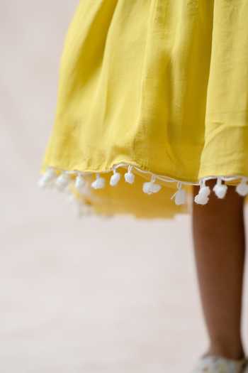 Shop Thetaa Yellow Silk, Viscose, Voile Pom-poms Stripe Pattern Flared Dress Online at Aza Fashions Shop_Thetaa_Yellow Silk, Viscose, Voile Pom-poms Stripe Pattern Flared Dress _Online_at_Aza_Fashions