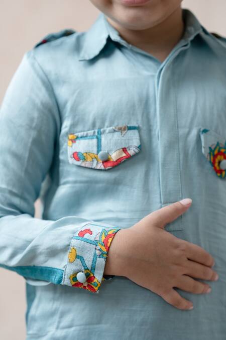 Shop_Thetaa_Sky Blue Cotton, Viscose, Silk Embroidery Pocket Print Pathani Kurta Set_Online_at_Aza_Fashions