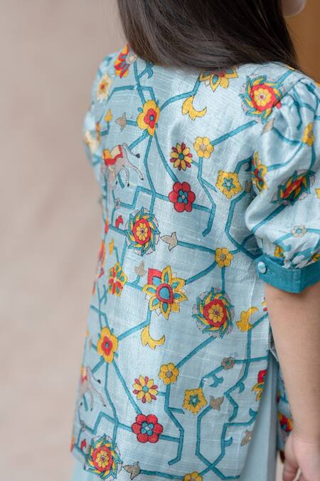 Buy_Thetaa_Sky Blue Silk, Viscose, Voile Tassels Floral Print Kurta Gharara Set