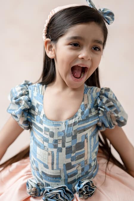 Shop_Thetaa_Pink Silk, Net, Satin, Polyester Geometric Print High Low Hem Layered Gown _Online_at_Aza_Fashions