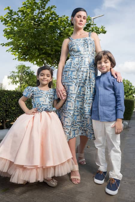 Thetaa_Pink Silk, Net, Satin, Polyester Geometric Print High Low Hem Layered Gown _at_Aza_Fashions