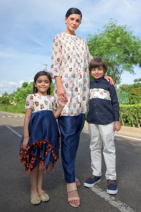 Thetaa_Blue Chanderi Silk, Polyester, Voile Embroidery, Floral Print Layered Hem Dress _at_Aza_Fashions