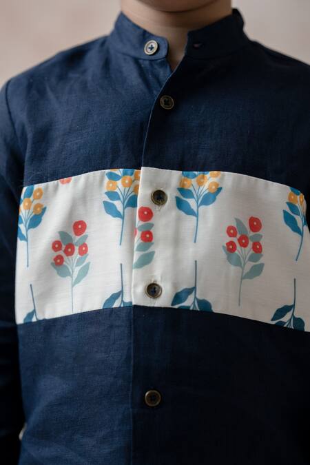Thetaa Blue Linen, Polyester Embroidery Placement Floral Print Shirt at Aza Fashions Thetaa_Blue Linen, Polyester Embroidery Placement Floral Print Shirt _at_Aza_Fashions
