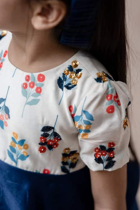 Buy_Thetaa_Blue Chanderi Silk, Polyester, Voile Embroidery, Floral Print Layered Hem Dress 