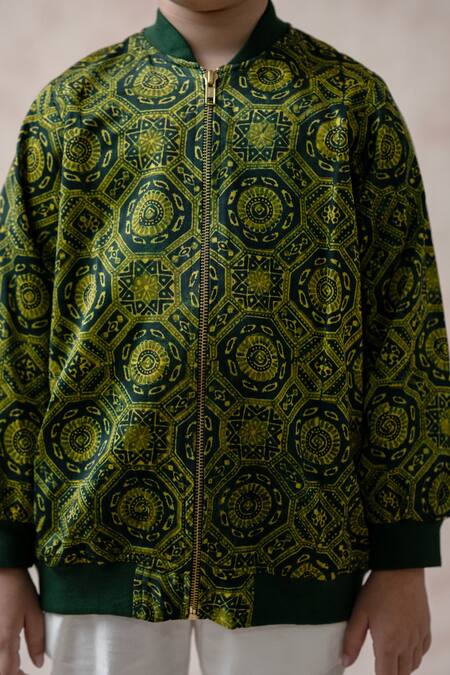 Thetaa_Green Modal, Satin, Velvet Ajrakh Print Bomber Jacket_at_Aza_Fashions