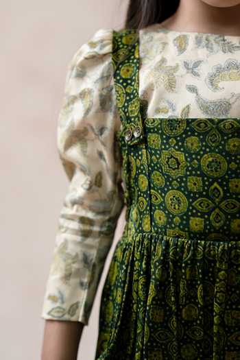 Thetaa_Green Modal, Satin, Polyester Ajrakh Print Frock With Crop Top _at_Aza_Fashions