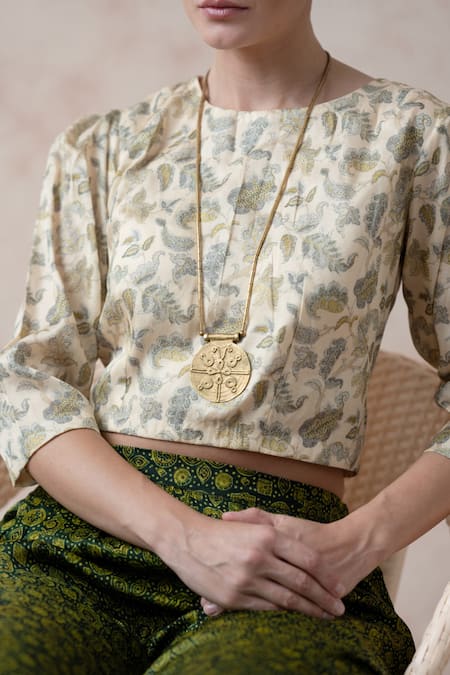 Buy Thetaa White Modal, Polyester, Voile Round Neck Ajrakh Print Flared Pant And Crop Top Set Buy_Thetaa_White Modal, Polyester, Voile Round Neck Ajrakh Print Flared Pant And Crop Top Set