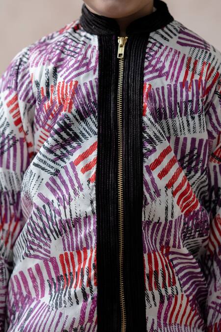 Shop Thetaa Wine Velvet, Silk, Cotton Stripe Print Bomber Jacket Online at Aza Fashions Shop_Thetaa_Wine Velvet, Silk, Cotton Stripe Print Bomber Jacket _Online_at_Aza_Fashions