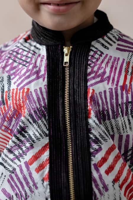 Thetaa Wine Velvet, Silk, Cotton Stripe Print Bomber Jacket at Aza Fashions Thetaa_Wine Velvet, Silk, Cotton Stripe Print Bomber Jacket _at_Aza_Fashions