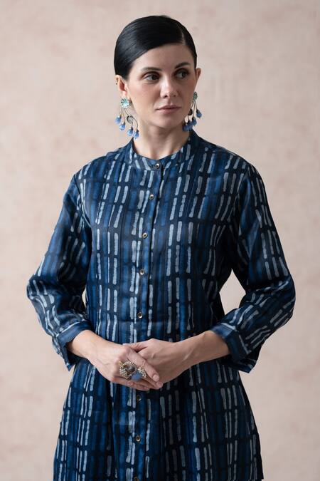 Buy Thetaa Blue Polyester Printed Stripes Band Collar Kurta Set With Contrast Pant Buy_Thetaa_Blue Polyester Printed Stripes Band Collar Kurta Set With Contrast Pant