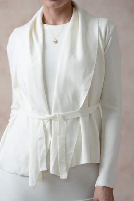 Thetaa White Cotton, Rayon, Spandex Round Neck, Shawl Solid Bodycon Dress With Cover-up at Aza Fashions Thetaa_White Cotton, Rayon, Spandex Round Neck, Shawl Solid Bodycon Dress With Cover-up _at_Aza_Fashions