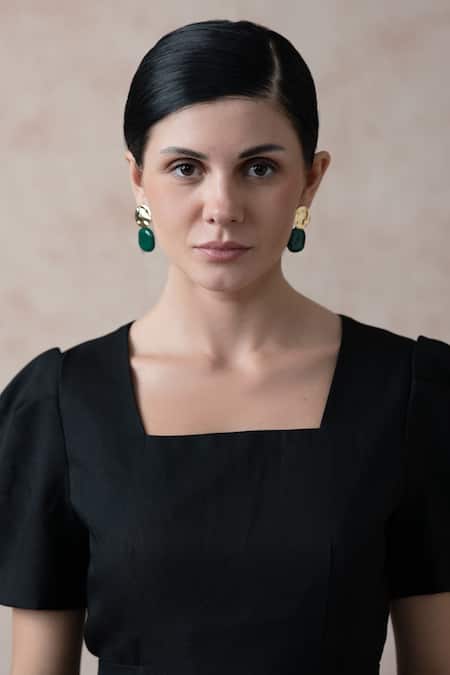 Shop_Thetaa_Black Polyester Square Neck Puff Sleeve Midi Dress _Online_at_Aza_Fashions