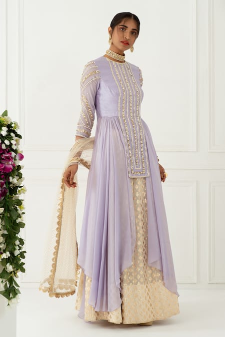 Nidhika Shekhar_Beige Silk, Net, Chiffon, Chanderi Brocade Round Embroidered Lehenga Set _Online_at_Aza_Fashions