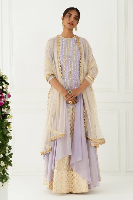 Buy_Nidhika Shekhar_Beige Silk, Net, Chiffon, Chanderi Brocade Round Embroidered Lehenga Set _Online_at_Aza_Fashions