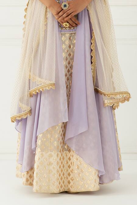 Shop_Nidhika Shekhar_Beige Silk, Net, Chiffon, Chanderi Brocade Round Embroidered Lehenga Set _Online_at_Aza_Fashions
