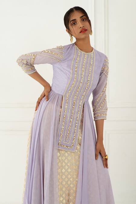 Nidhika Shekhar_Beige Silk, Net, Chiffon, Chanderi Brocade Round Embroidered Lehenga Set _at_Aza_Fashions