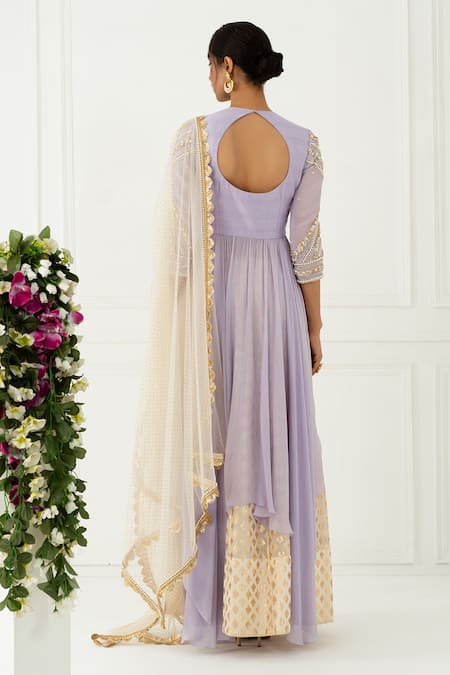 Shop_Nidhika Shekhar_Beige Silk, Net, Chiffon, Chanderi Brocade Round Embroidered Lehenga Set _at_Aza_Fashions