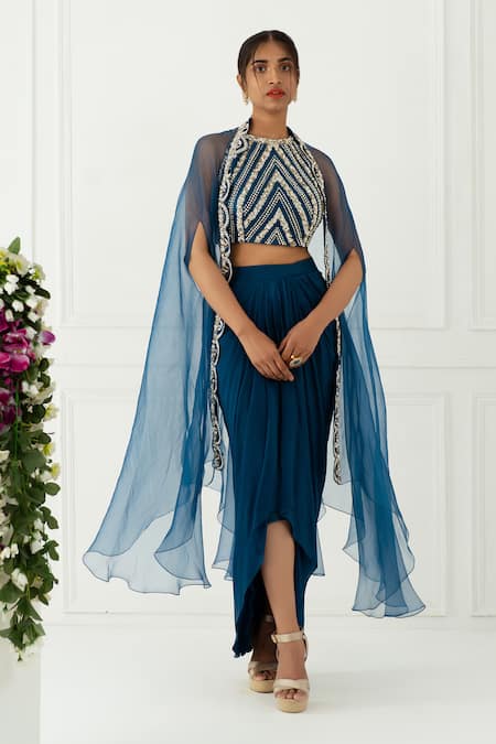 Nidhika Shekhar Blue Silk Embroidery Crop Top Round Cape Open And Draped Skirt Set 