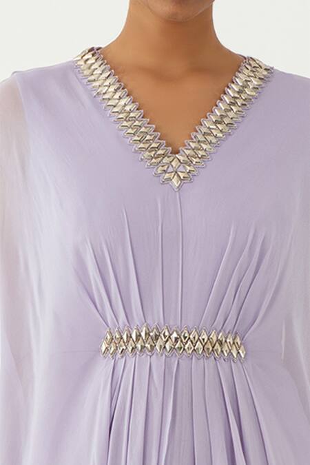 Shop_Nidhika Shekhar_Purple Crepe V Neck Draped Gown _Online_at_Aza_Fashions