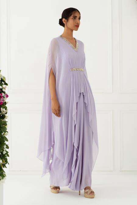 Nidhika Shekhar_Purple Crepe V Neck Draped Gown _Online_at_Aza_Fashions