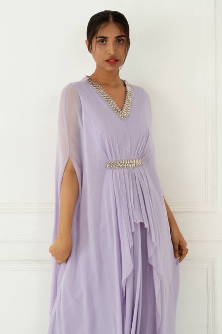 Buy_Nidhika Shekhar_Purple Crepe V Neck Draped Gown _Online_at_Aza_Fashions