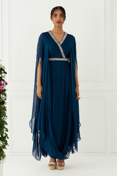 Nidhika Shekhar Blue Georgette V Neck Draped Gown Online at Aza Fashions Nidhika Shekhar_Blue Georgette V Neck Draped Gown _Online_at_Aza_Fashions