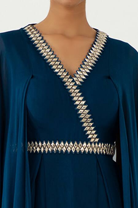 Shop Nidhika Shekhar Blue Georgette V Neck Draped Gown Online at Aza Fashions Shop_Nidhika Shekhar_Blue Georgette V Neck Draped Gown _Online_at_Aza_Fashions