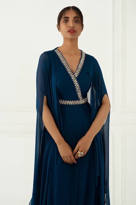 Buy Nidhika Shekhar Blue Georgette V Neck Draped Gown Online at Aza Fashions Buy_Nidhika Shekhar_Blue Georgette V Neck Draped Gown _Online_at_Aza_Fashions