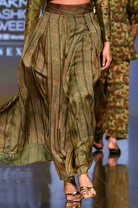 Shop_Punit Balana_Yellow Satin Silk Floral, Striped Jacket Notched Collar And Flared Pant Set _Online_at_Aza_Fashions