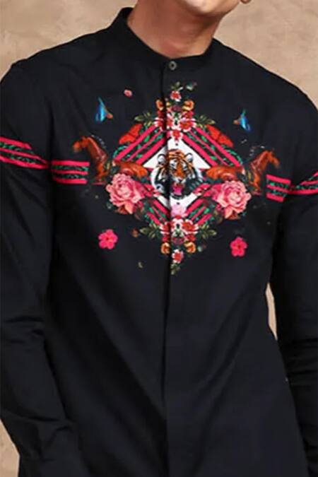Buy MR. Ajay Kumar Black Cotton Animal And Floral Digital Print Shirt Online at Aza Fashions Buy_MR. Ajay Kumar_Black Cotton Animal And Floral Digital Print Shirt _Online_at_Aza_Fashions