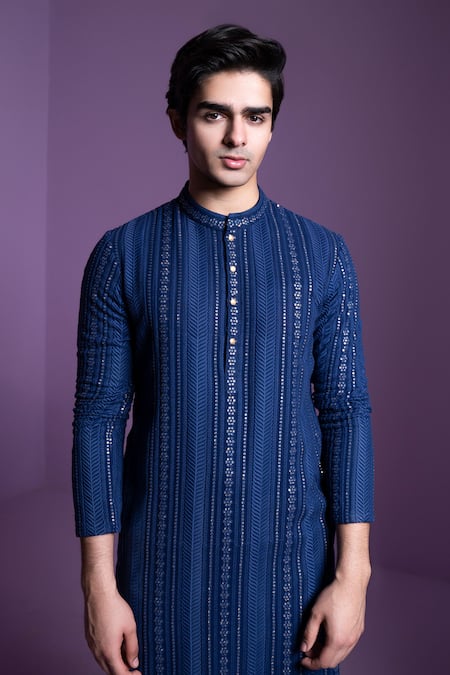 Contrast By Parth_Blue Georgette, Cotton Sequins Embellished Kurta With Pant_Online_at_Aza_Fashions