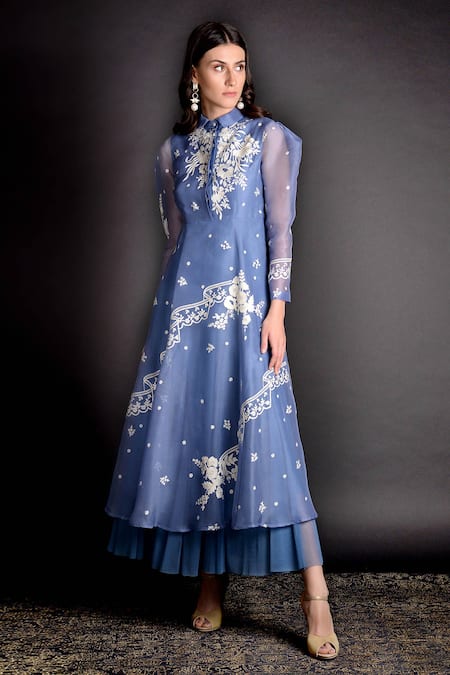 Sahil Kochhar Blue Noor Silk Organza Layered Dress 