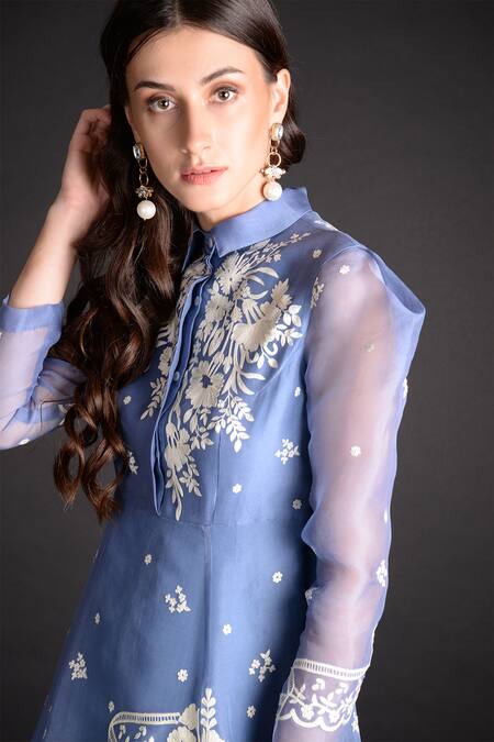 Sahil Kochhar_Blue Silk Organza Spread Collar Noor Layered Dress _Online_at_Aza_Fashions