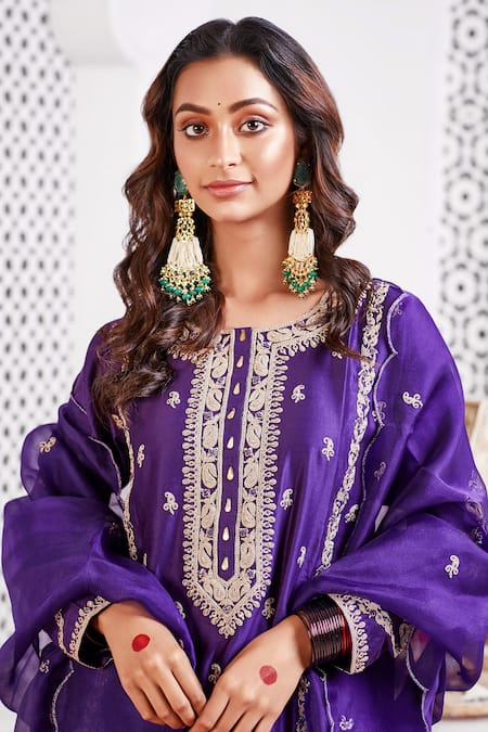 Pink City By Sarika_Purple Organza, Silk Chanderi Round Kurta Set _Online_at_Aza_Fashions