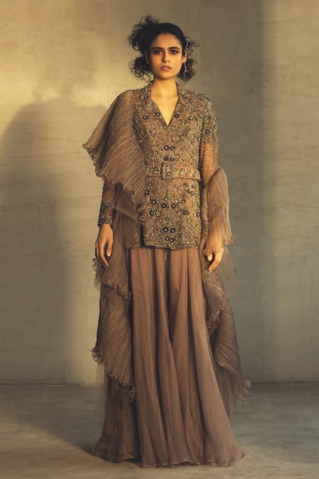 Parul And Preyanka Purple Tulle, Silk Organza Lapel Embroidered Kurta Palazzo Set 