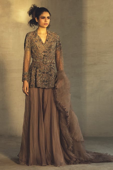 Shop Parul And Preyanka Purple Tulle, Silk Organza Lapel Embroidered Kurta Palazzo Set at Aza Fashions Shop_Parul And Preyanka_Purple Tulle, Silk Organza Lapel Embroidered Kurta Palazzo Set _at_Aza_Fashions