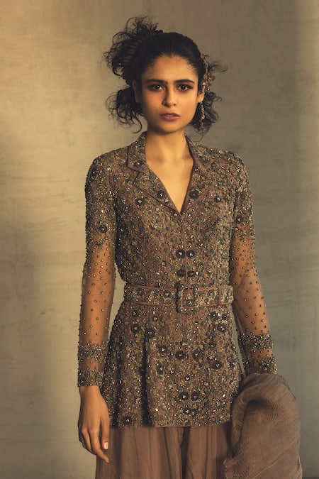 Parul And Preyanka Purple Tulle, Silk Organza Lapel Embroidered Kurta Palazzo Set Online at Aza Fashions Parul And Preyanka_Purple Tulle, Silk Organza Lapel Embroidered Kurta Palazzo Set _Online_at_Aza_Fashions