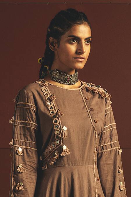 Buy_Priyanka Singh_Brown Cotton, Mul Round Embroidered Maxi Dress _Online_at_Aza_Fashions