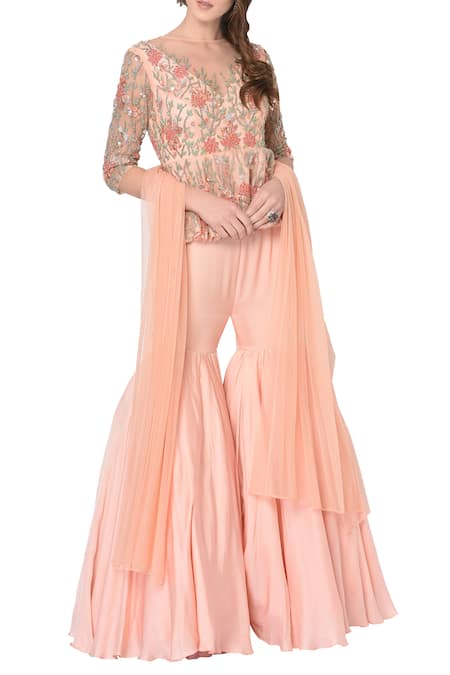 Mani Bhatia Pink Embroidered Blouse And Sharara Set 