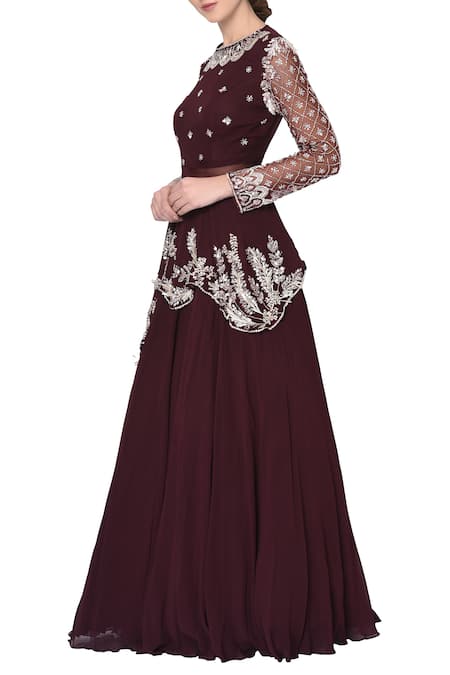 Shop Mani Bhatia Wine Embroidered Kurta Lehenga Set at Aza Fashions Shop_Mani Bhatia_Wine Embroidered Kurta Lehenga Set _at_Aza_Fashions